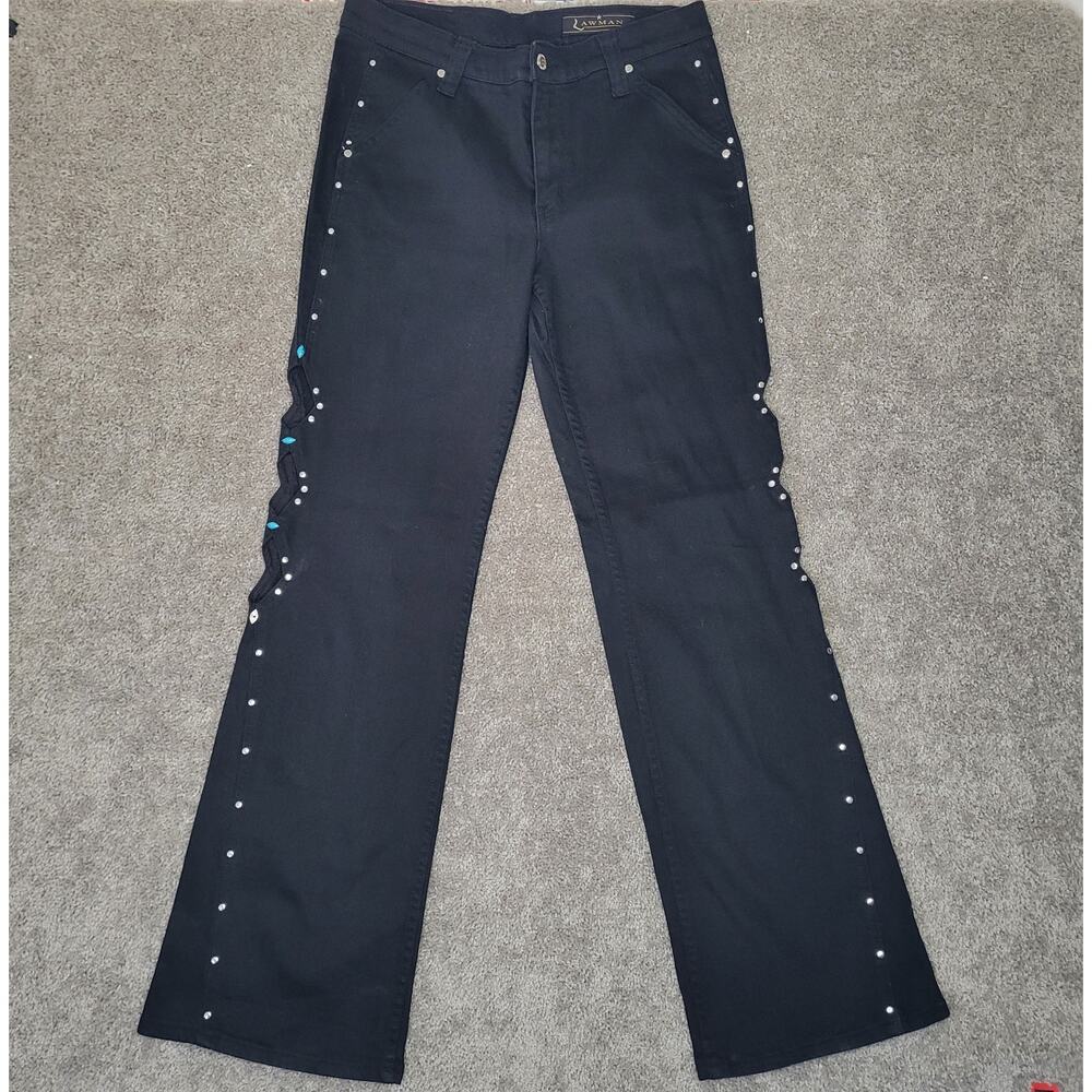 VTG Lawman Black High Rise Boot Cut Turquoise Studded Western Jeans Womens 32x33